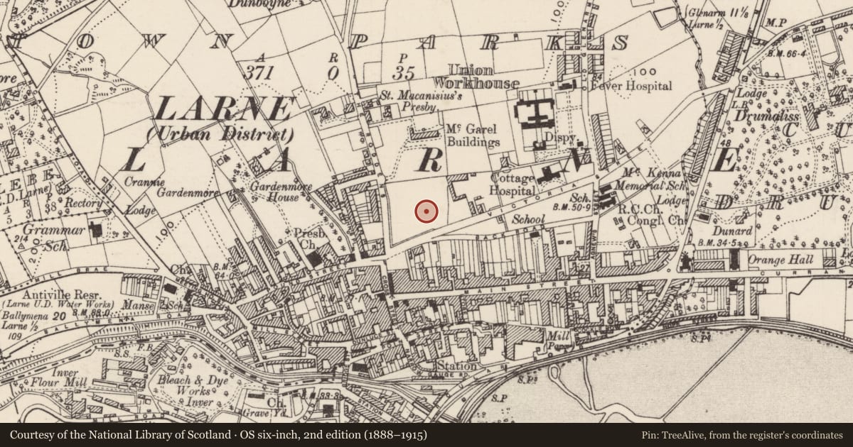 Ordnance Survey six-inch map, 2nd edition (1888–1915) covering the location of Gardenmore Presbyterian Church, Town Parks, Mid and East Antrim, with a pin at the register's coordinates