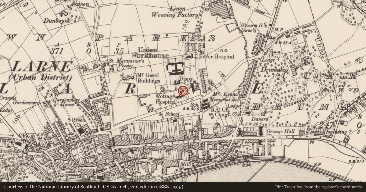 Ordnance Survey six-inch map, 2nd edition (1888–1915) covering the location of Smiley Buildings, Town Parks, Mid and East Antrim, with a pin at the register's coordinates