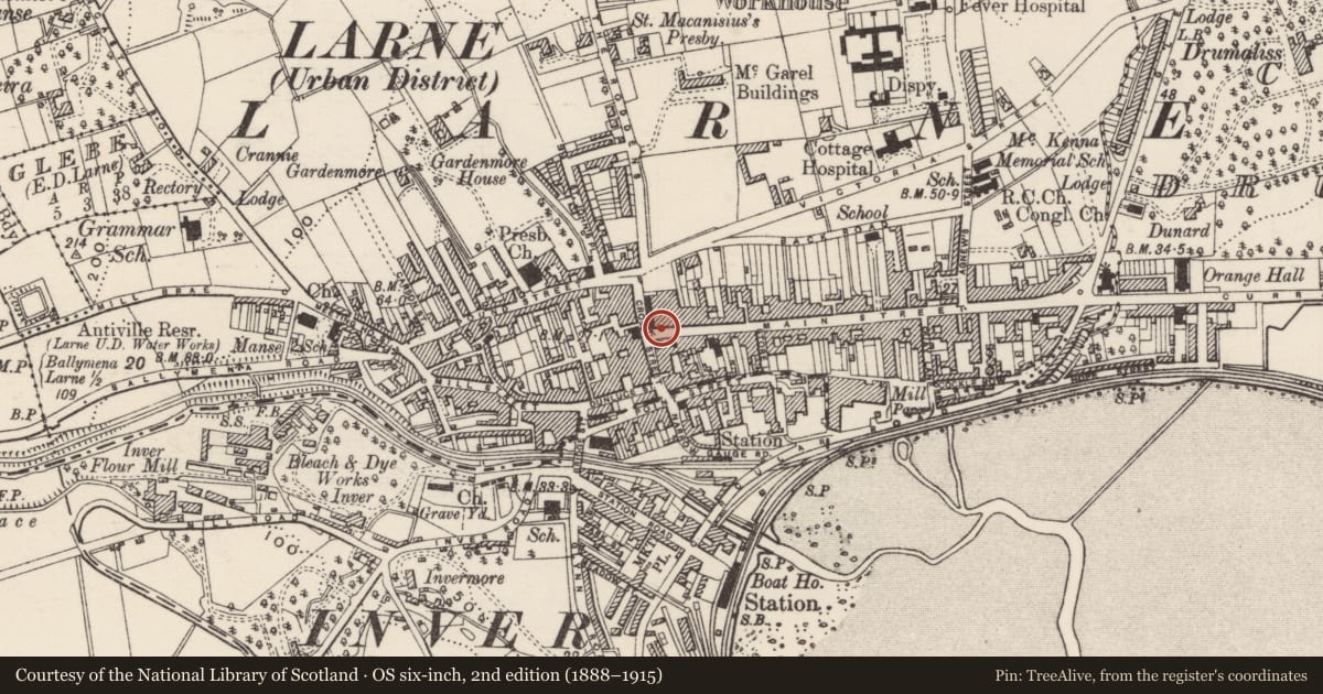 Ordnance Survey six-inch map, 2nd edition (1888–1915) covering the location of 1-3 Main Street, Town Parks, Mid and East Antrim, with a pin at the register's coordinates