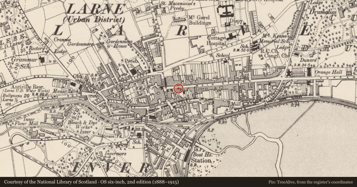 Ordnance Survey six-inch map, 2nd edition (1888–1915) covering the location of 11-13 Main Street, Town Parks, Mid and East Antrim, with a pin at the register's coordinates