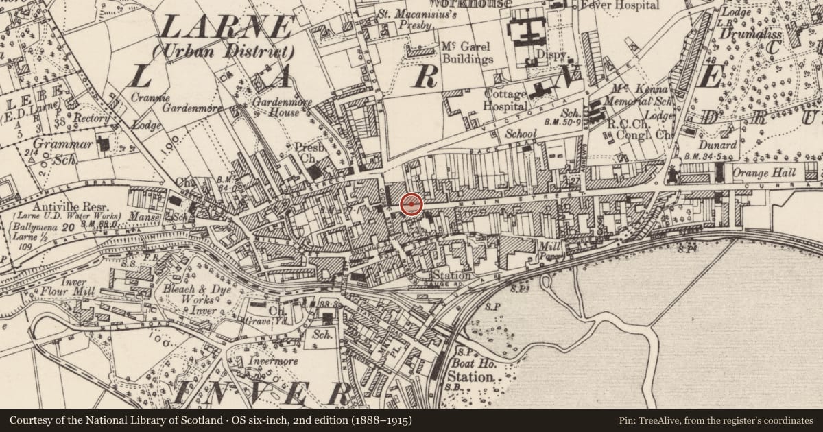 Ordnance Survey six-inch map, 2nd edition (1888–1915) covering the location of 7-9 Main Street, None, Mid and East Antrim, with a pin at the register's coordinates