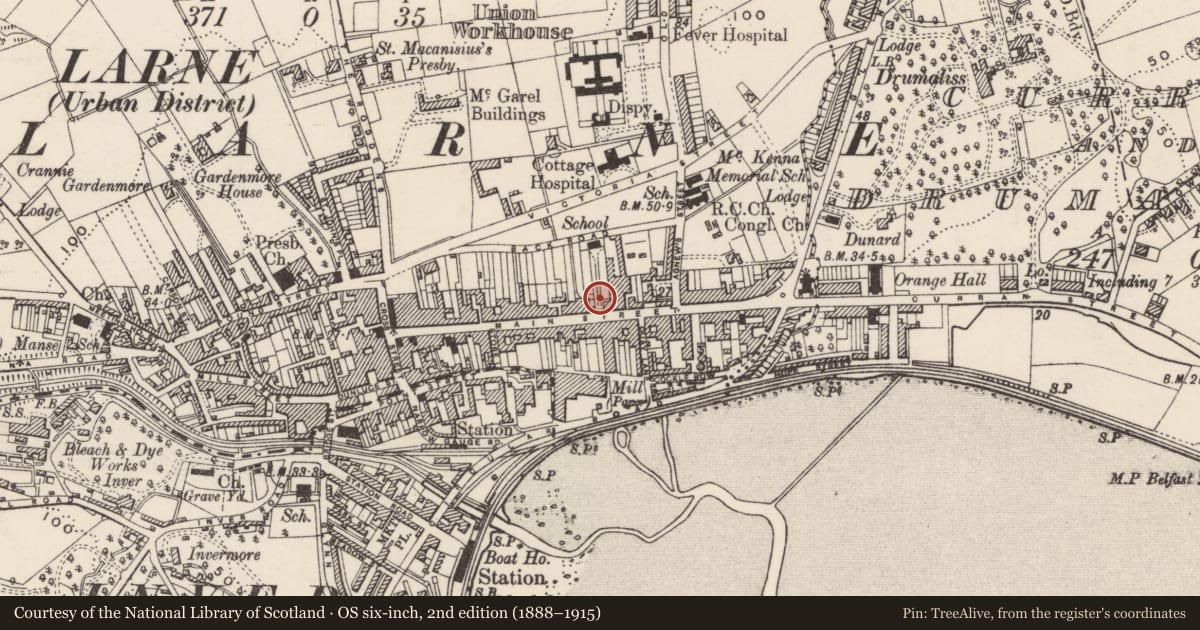 Ordnance Survey six-inch map, 2nd edition (1888–1915) covering the location of Post Office, Town Parks, Mid and East Antrim, with a pin at the register's coordinates