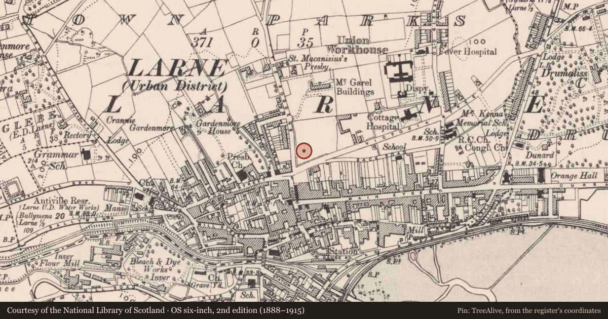 Ordnance Survey six-inch map, 2nd edition (1888–1915) covering the location of Carnegie Buildings, Town Parks, Mid and East Antrim, with a pin at the register's coordinates
