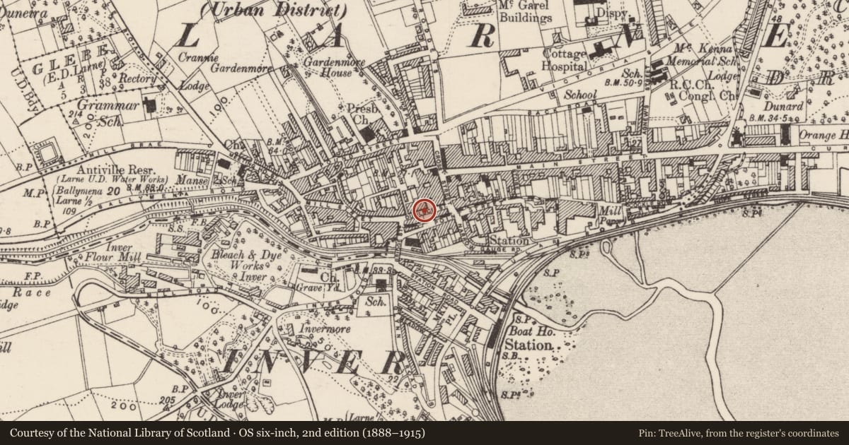 Ordnance Survey six-inch map, 2nd edition (1888–1915) covering the location of 22 Dunluce Street, Town Parks, Mid and East Antrim, with a pin at the register's coordinates