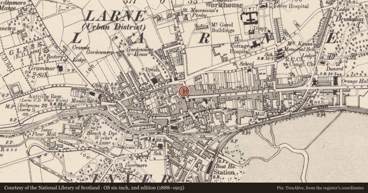 Ordnance Survey six-inch map, 2nd edition (1888–1915) covering the location of Ulster Bank, Town Parks, Mid and East Antrim, with a pin at the register's coordinates