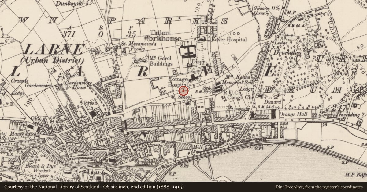 Ordnance Survey six-inch map, 2nd edition (1888–1915) covering the location of Former Technical School, Town Parks, Mid and East Antrim, with a pin at the register's coordinates