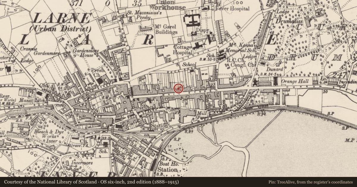 Ordnance Survey six-inch map, 2nd edition (1888–1915) covering the location of 58 Main Street, Town Parks, Mid and East Antrim, with a pin at the register's coordinates