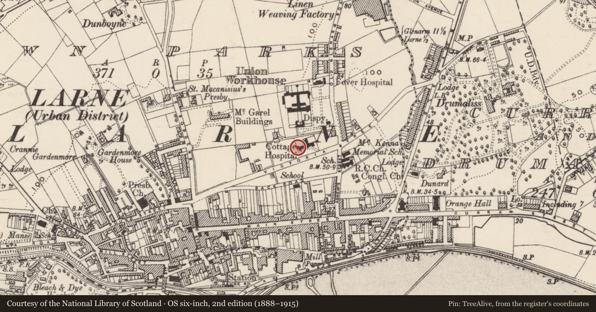Ordnance Survey six-inch map, 2nd edition (1888–1915) covering the location of Court House, Town Parks, Mid and East Antrim, with a pin at the register's coordinates