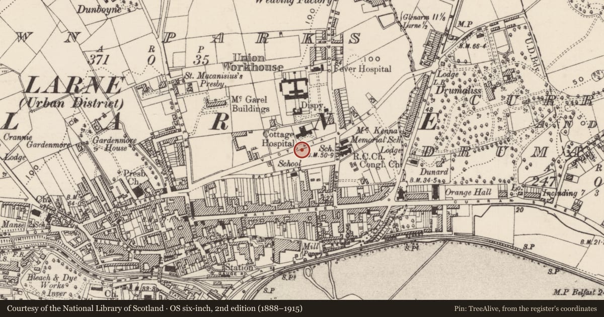 Ordnance Survey six-inch map, 2nd edition (1888–1915) covering the location of Gate lodge in Smiley Park, Town Parks, Mid and East Antrim, with a pin at the register's coordinates