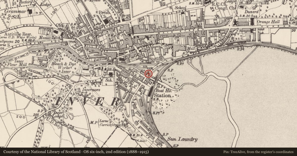 Ordnance Survey six-inch map, 2nd edition (1888–1915) covering the location of Bridge over Larne River, Inver, Mid and East Antrim, with a pin at the register's coordinates