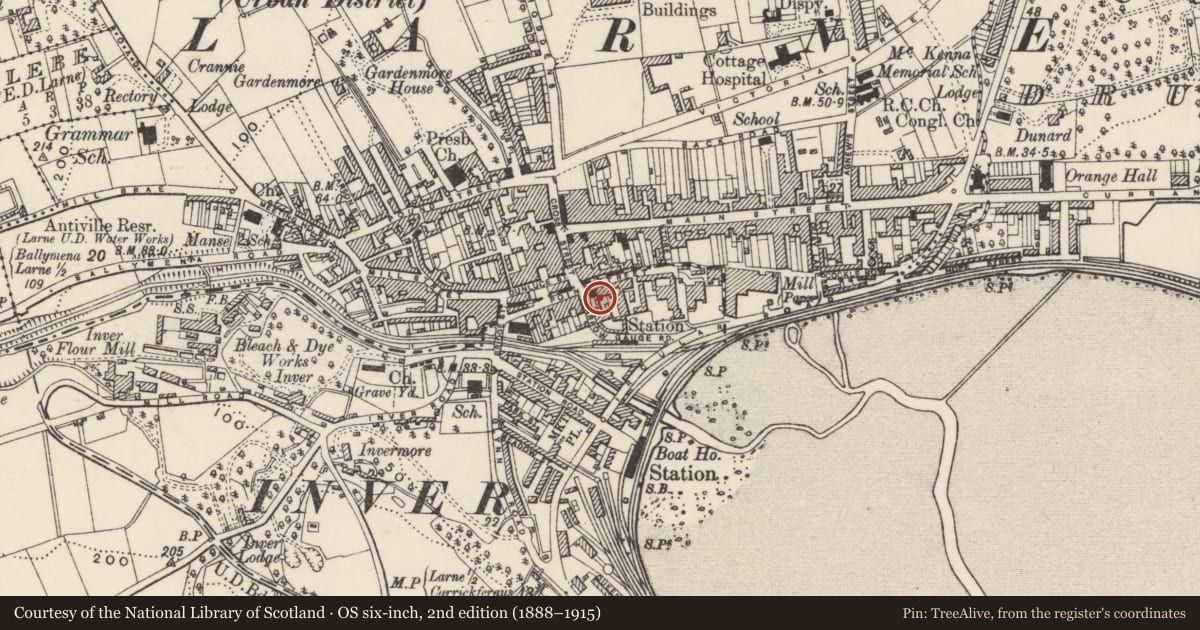 Ordnance Survey six-inch map, 2nd edition (1888–1915) covering the location of Shop store (for 'Penney's Interiors'), Inver, Mid and East Antrim, with a pin at the register's coordinates