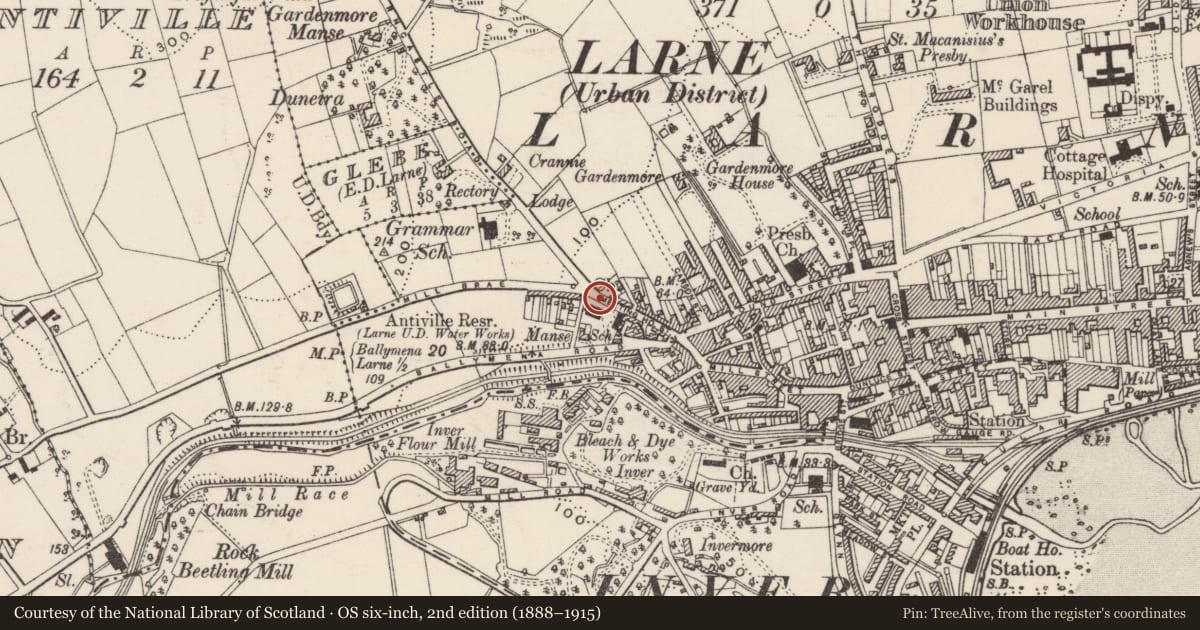 Ordnance Survey six-inch map, 2nd edition (1888–1915) covering the location of The Old Presbyterian Church (Non-Subscribing), None, Mid and East Antrim, with a pin at the register's coordinates