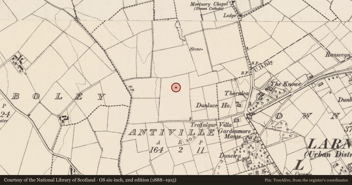 Ordnance Survey six-inch map, 2nd edition (1888–1915) covering the location of Craigy Hill Presbyterian Church, Churchill Road, None, Mid and East Antrim, with a pin at the register's coordinates