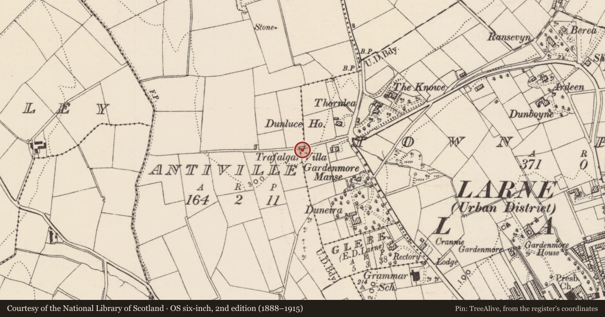 Ordnance Survey six-inch map, 2nd edition (1888–1915) covering the location of 3 The Whins, None, Mid and East Antrim, with a pin at the register's coordinates