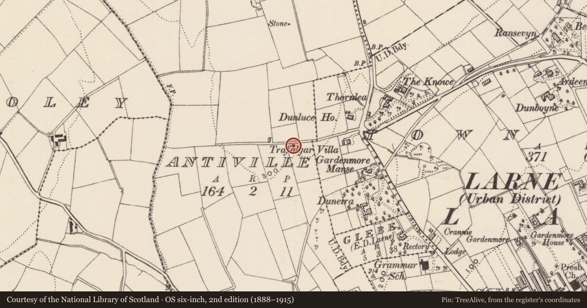 Ordnance Survey six-inch map, 2nd edition (1888–1915) covering the location of 4 The Whins, None, Mid and East Antrim, with a pin at the register's coordinates