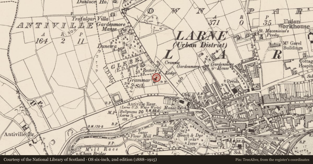 Ordnance Survey six-inch map, 2nd edition (1888–1915) covering the location of Larne Grammar School, Town Parks, Mid and East Antrim, with a pin at the register's coordinates