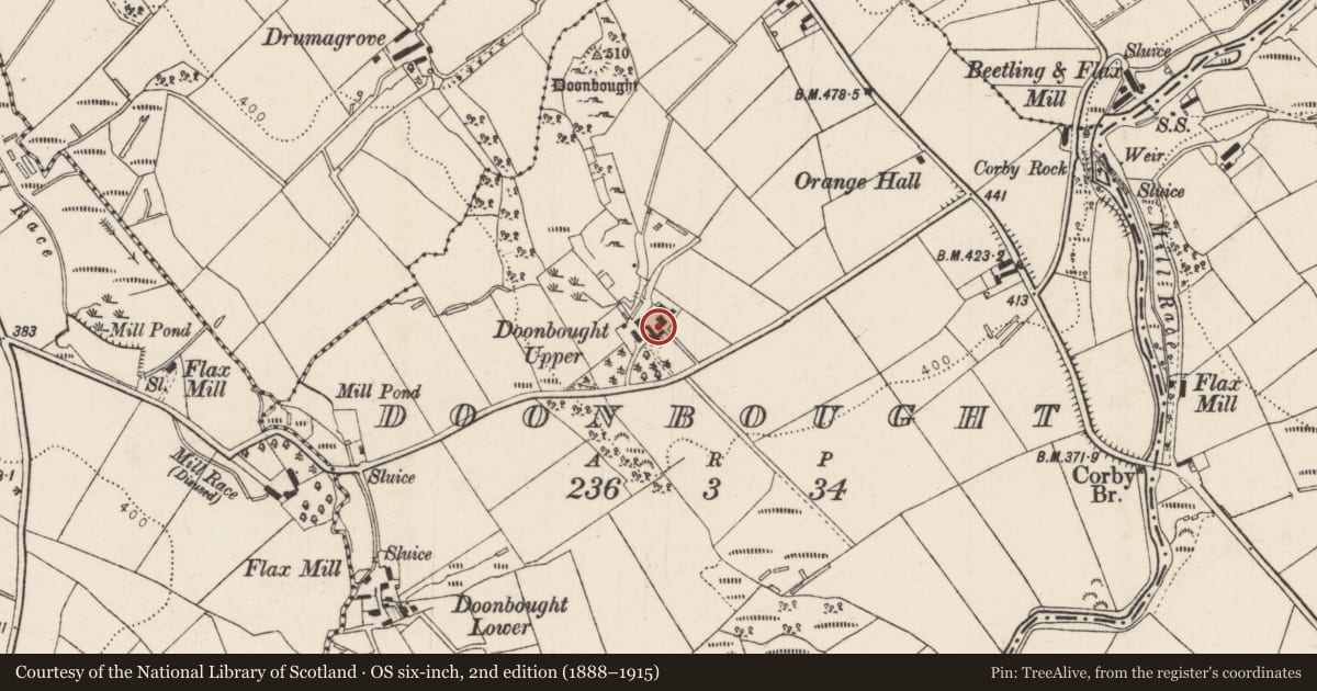 Ordnance Survey six-inch map, 2nd edition (1888–1915) covering the location of Doonbought House, Mid and East Antrim, with a pin at the register's coordinates