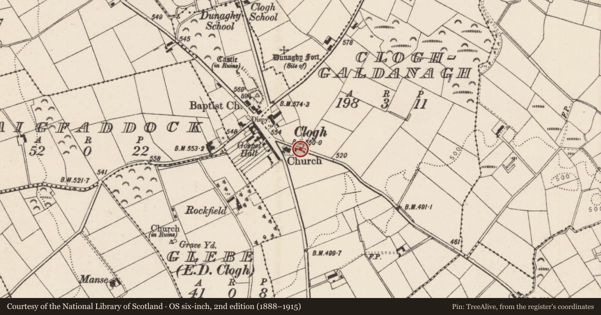 Ordnance Survey six-inch map, 2nd edition (1888–1915) covering the location of Masonic Hall, Mid and East Antrim, with a pin at the register's coordinates