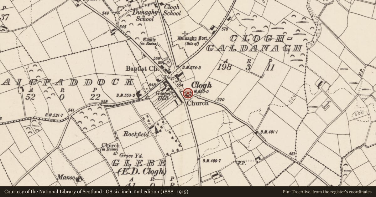 Ordnance Survey six-inch map, 2nd edition (1888–1915) covering the location of St. James' Parish Church Dunaghy Parish, Mid and East Antrim, with a pin at the register's coordinates