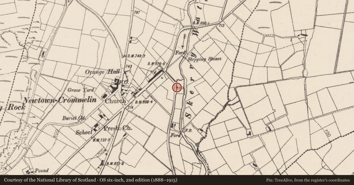 Ordnance Survey six-inch map, 2nd edition (1888–1915) covering the location of Iron Smelter, Skerry East, Mid and East Antrim, with a pin at the register's coordinates