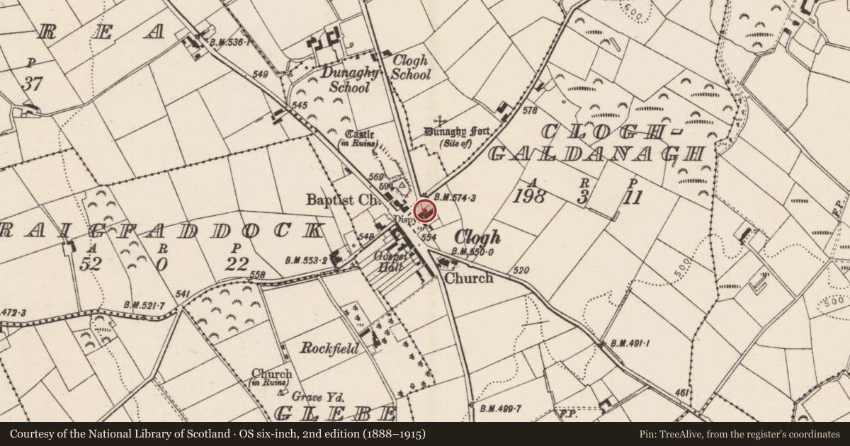 Ordnance Survey six-inch map, 2nd edition (1888–1915) covering the location of 1-3 Glenleslie Road And 2-4 Main Street, Mid and East Antrim, with a pin at the register's coordinates