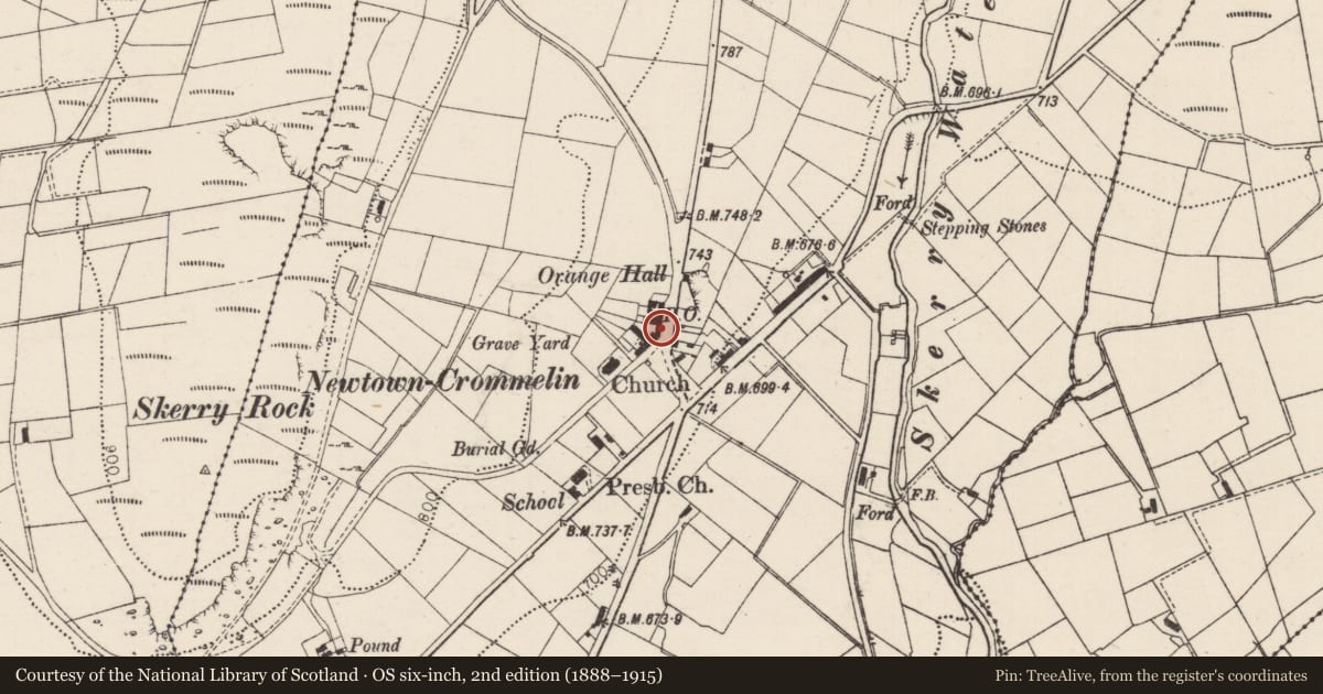 Ordnance Survey six-inch map, 2nd edition (1888–1915) covering the location of Post Box Outside Post Office, Mid and East Antrim, with a pin at the register's coordinates