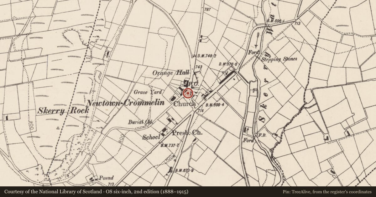 Ordnance Survey six-inch map, 2nd edition (1888–1915) covering the location of Telephone Kiosk Outside Post Office, Mid and East Antrim, with a pin at the register's coordinates