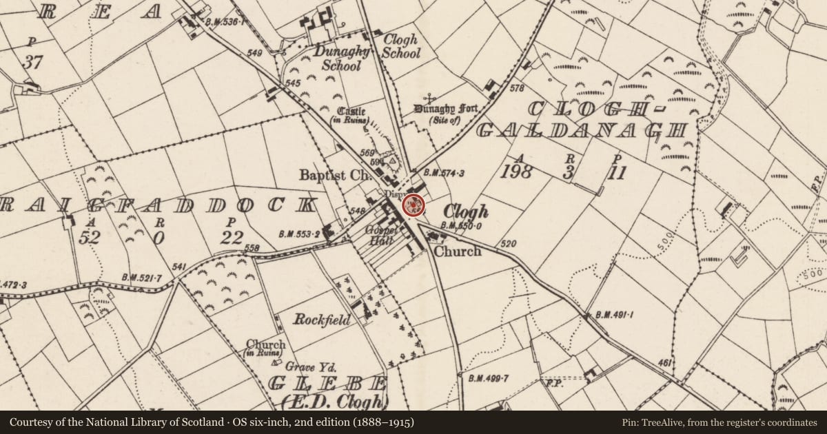 Ordnance Survey six-inch map, 2nd edition (1888–1915) covering the location of Pump and walling, Cloghgaldanagh, Mid and East Antrim, with a pin at the register's coordinates
