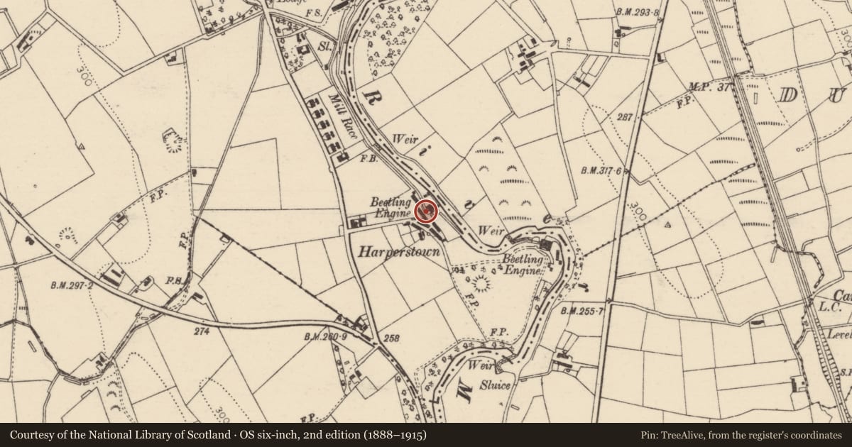 Ordnance Survey six-inch map, 2nd edition (1888–1915) covering the location of 4 Harperstown Lane, Mid and East Antrim, with a pin at the register's coordinates