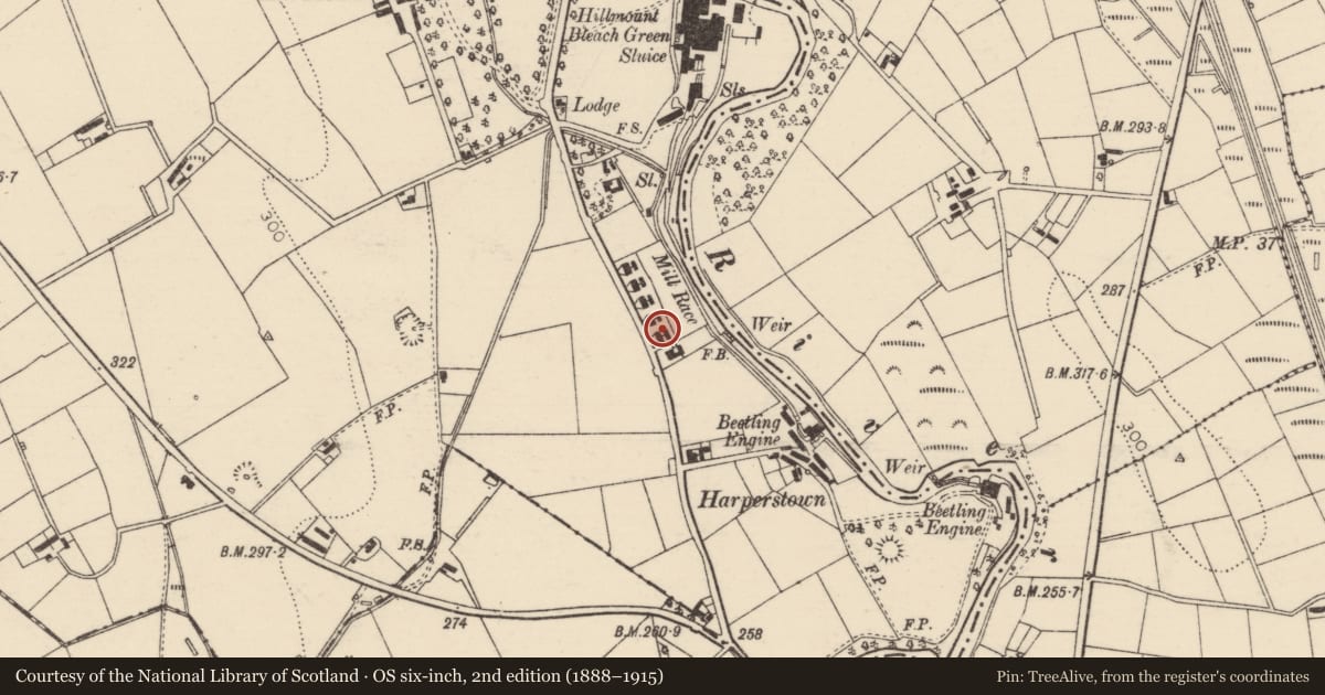 Ordnance Survey six-inch map, 2nd edition (1888–1915) covering the location of 35 Hillmount Road, Mid and East Antrim, with a pin at the register's coordinates