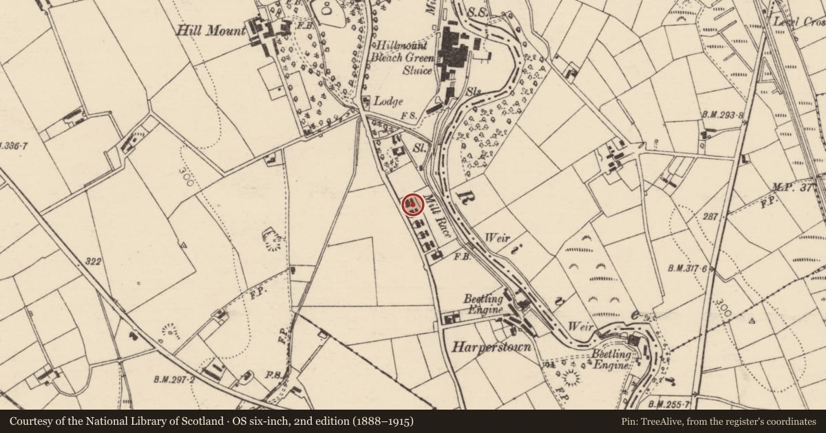 Ordnance Survey six-inch map, 2nd edition (1888–1915) covering the location of 49 Hillmount Road, Mid and East Antrim, with a pin at the register's coordinates