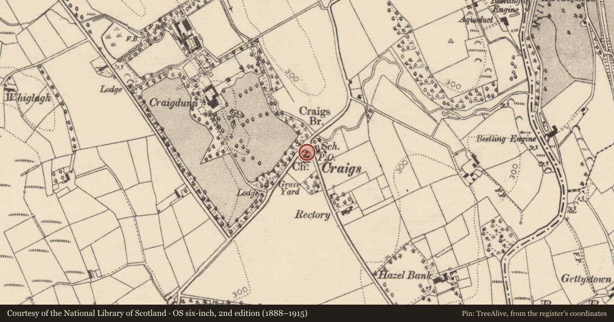 Ordnance Survey six-inch map, 2nd edition (1888–1915) covering the location of Craigs Parish Church, Mid and East Antrim, with a pin at the register's coordinates