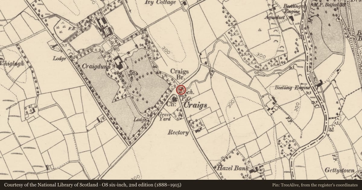 Ordnance Survey six-inch map, 2nd edition (1888–1915) covering the location of Craigs Church Hall, Mid and East Antrim, with a pin at the register's coordinates