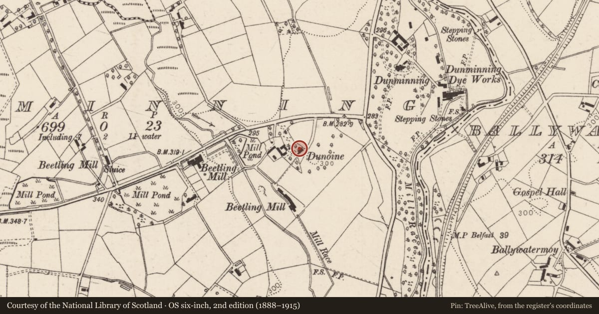 Ordnance Survey six-inch map, 2nd edition (1888–1915) covering the location of DUNEOIN, Mid and East Antrim, with a pin at the register's coordinates