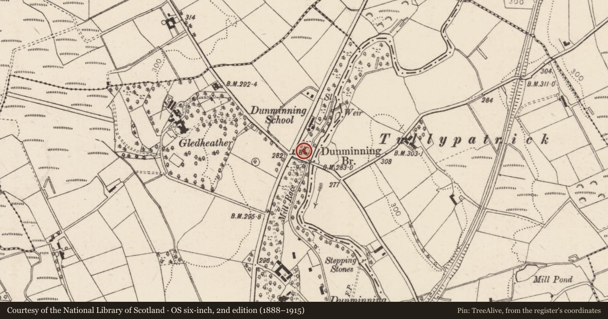 Ordnance Survey six-inch map, 2nd edition (1888–1915) covering the location of Dunminning Cottage, Ballywatermoy, Mid and East Antrim, with a pin at the register's coordinates