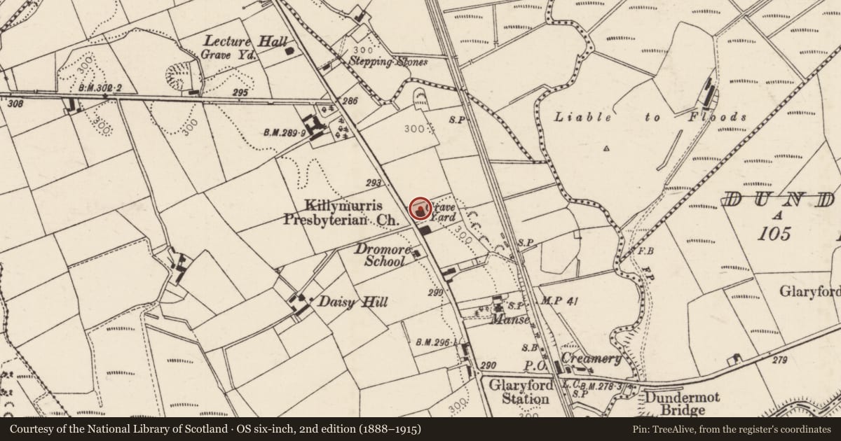 Ordnance Survey six-inch map, 2nd edition (1888–1915) covering the location of Killymurris Presbyterian Church, Mid and East Antrim, with a pin at the register's coordinates