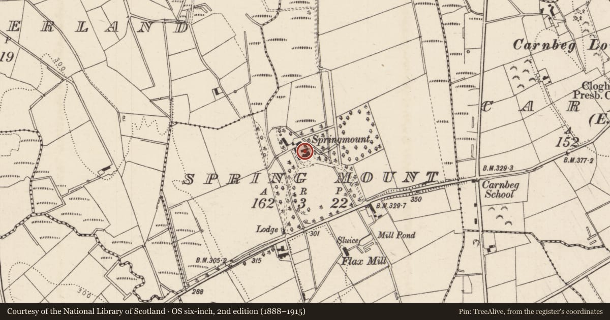 Ordnance Survey six-inch map, 2nd edition (1888–1915) covering the location of SPRINGMOUNT, Mid and East Antrim, with a pin at the register's coordinates
