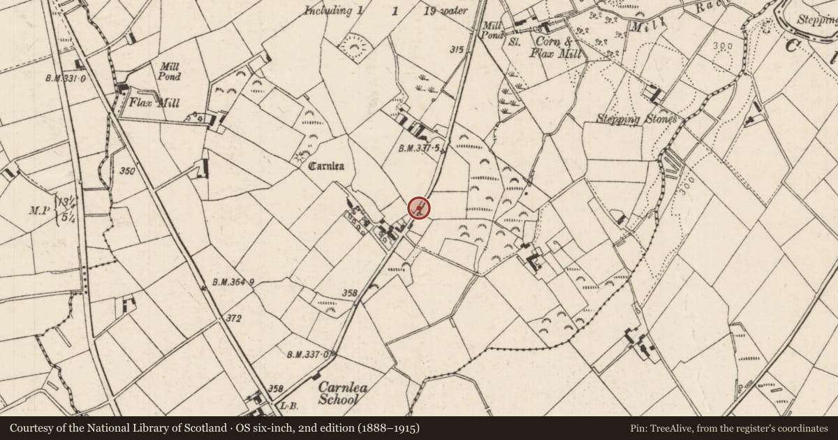 Ordnance Survey six-inch map, 2nd edition (1888–1915) covering the location of Pump outside 19 Carnlea Road, Mid and East Antrim, with a pin at the register's coordinates
