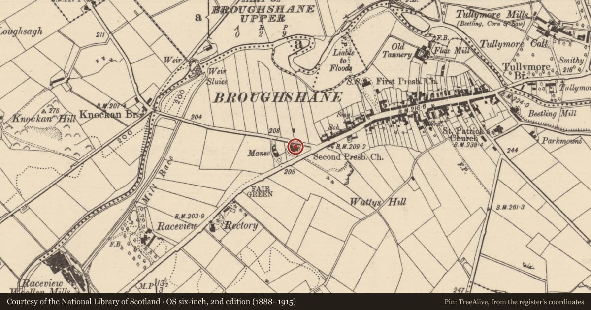 Ordnance Survey six-inch map, 2nd edition (1888–1915) covering the location of Second Presbyterian Church, Mid and East Antrim, with a pin at the register's coordinates