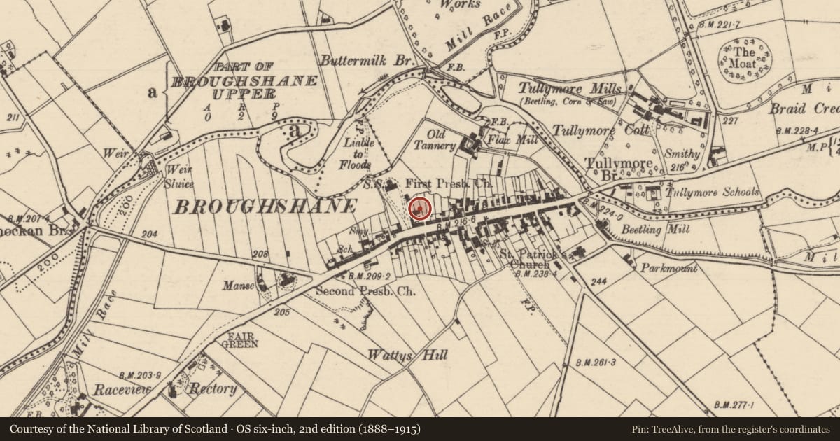 Ordnance Survey six-inch map, 2nd edition (1888–1915) covering the location of First Presbyterian Church Hall, Broughshane Upper, Mid and East Antrim, with a pin at the register's coordinates