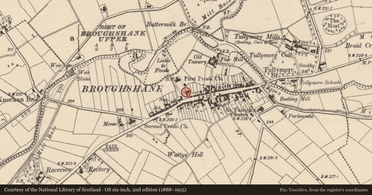 Ordnance Survey six-inch map, 2nd edition (1888–1915) covering the location of Stewart Memorial First Presbyterian Church, Mid and East Antrim, with a pin at the register's coordinates