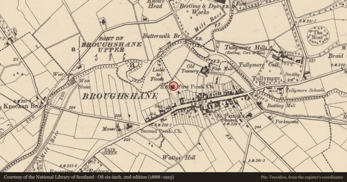 Ordnance Survey six-inch map, 2nd edition (1888–1915) covering the location of White Memorial, Mid and East Antrim, with a pin at the register's coordinates