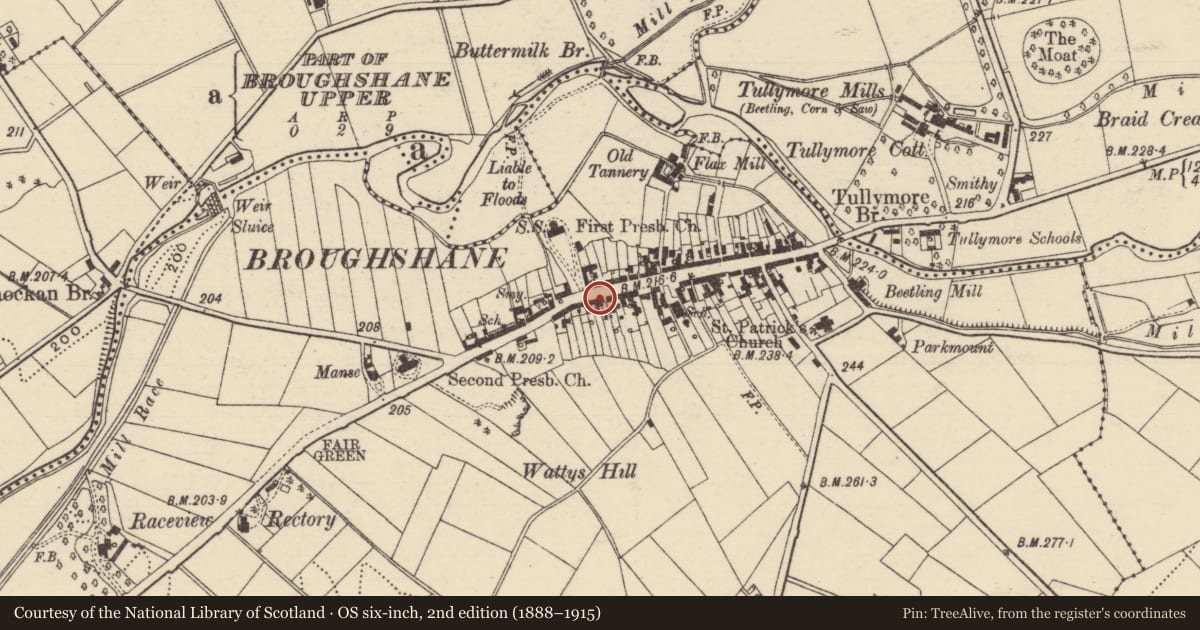 Ordnance Survey six-inch map, 2nd edition (1888–1915) covering the location of 27 Main St., Mid and East Antrim, with a pin at the register's coordinates