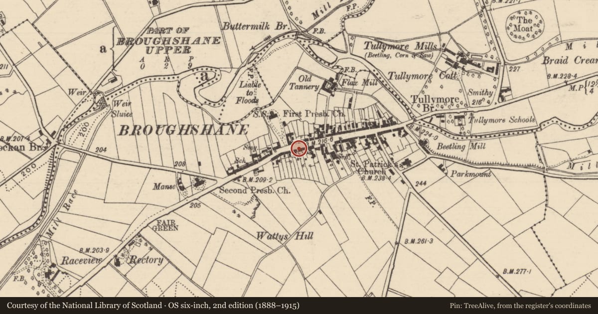 Ordnance Survey six-inch map, 2nd edition (1888–1915) covering the location of 31 Main St., Mid and East Antrim, with a pin at the register's coordinates