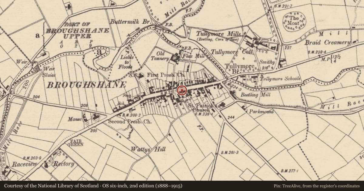 Ordnance Survey six-inch map, 2nd edition (1888–1915) covering the location of The Thatch Inn, Broughshane Upper, Mid and East Antrim, with a pin at the register's coordinates