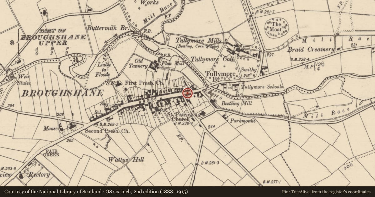 Ordnance Survey six-inch map, 2nd edition (1888–1915) covering the location of 79-81 Main St., Mid and East Antrim, with a pin at the register's coordinates
