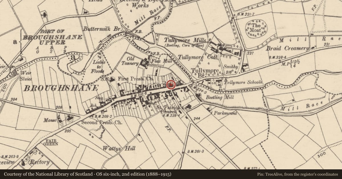 Ordnance Survey six-inch map, 2nd edition (1888–1915) covering the location of 118 Main St., Mid and East Antrim, with a pin at the register's coordinates