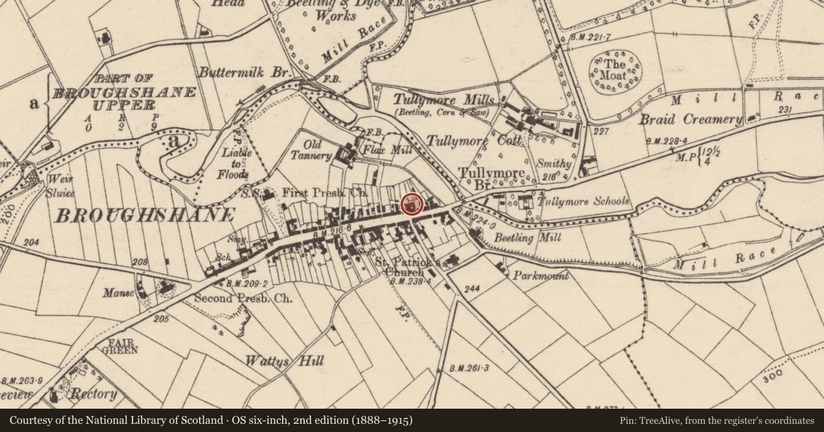Ordnance Survey six-inch map, 2nd edition (1888–1915) covering the location of 120 Main St., Mid and East Antrim, with a pin at the register's coordinates