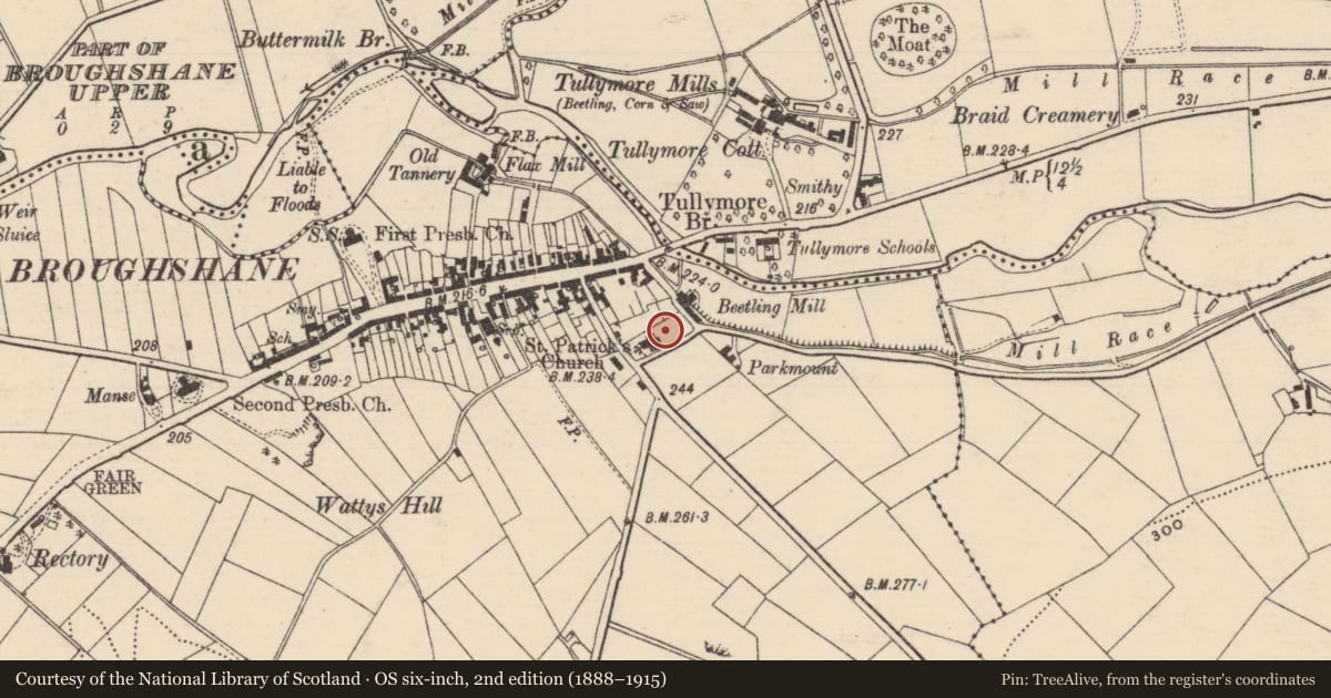 Ordnance Survey six-inch map, 2nd edition (1888–1915) covering the location of St Patrick's (C of I) Church, Broughshane Upper, Mid and East Antrim, with a pin at the register's coordinates