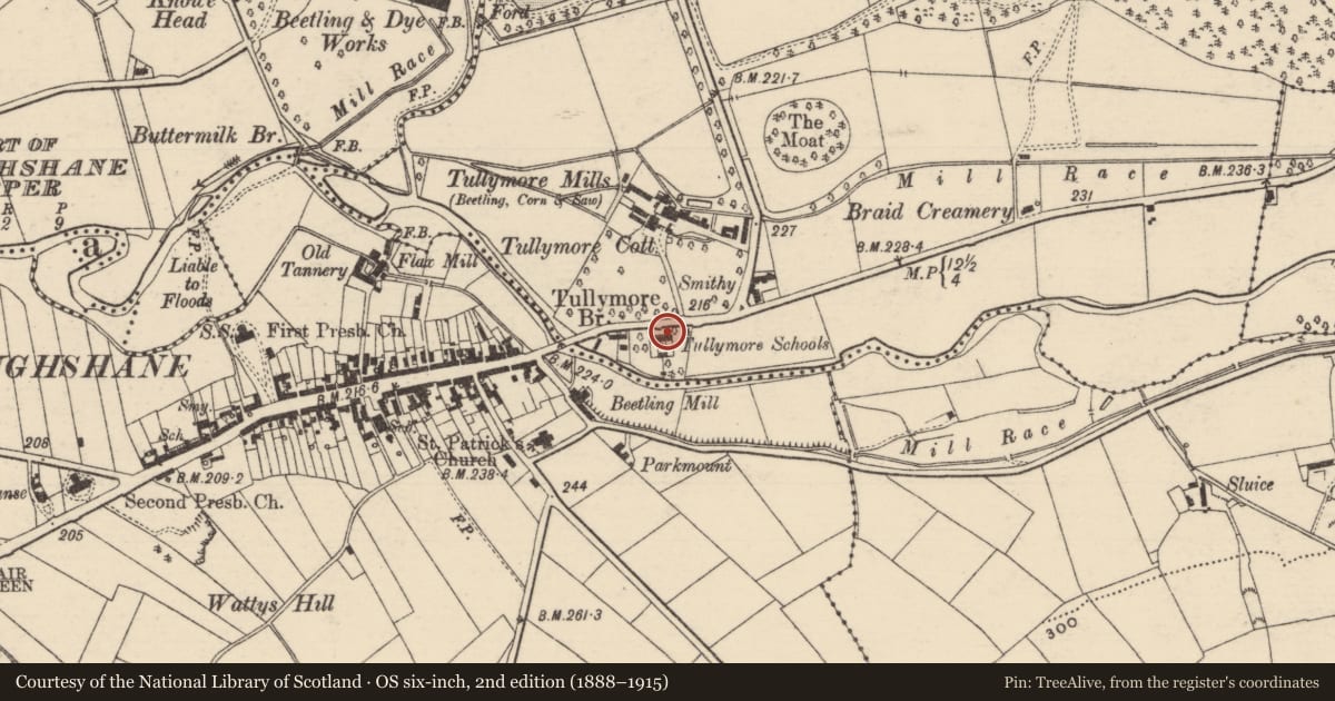 Ordnance Survey six-inch map, 2nd edition (1888–1915) covering the location of 1 Carnlough Road, Mid and East Antrim, with a pin at the register's coordinates